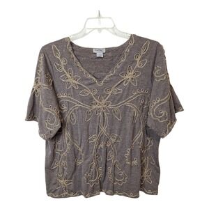 Coral Bay Womens Plus 2X Embroidered Top‎ Gray Gold Metallic V Neck Stretch